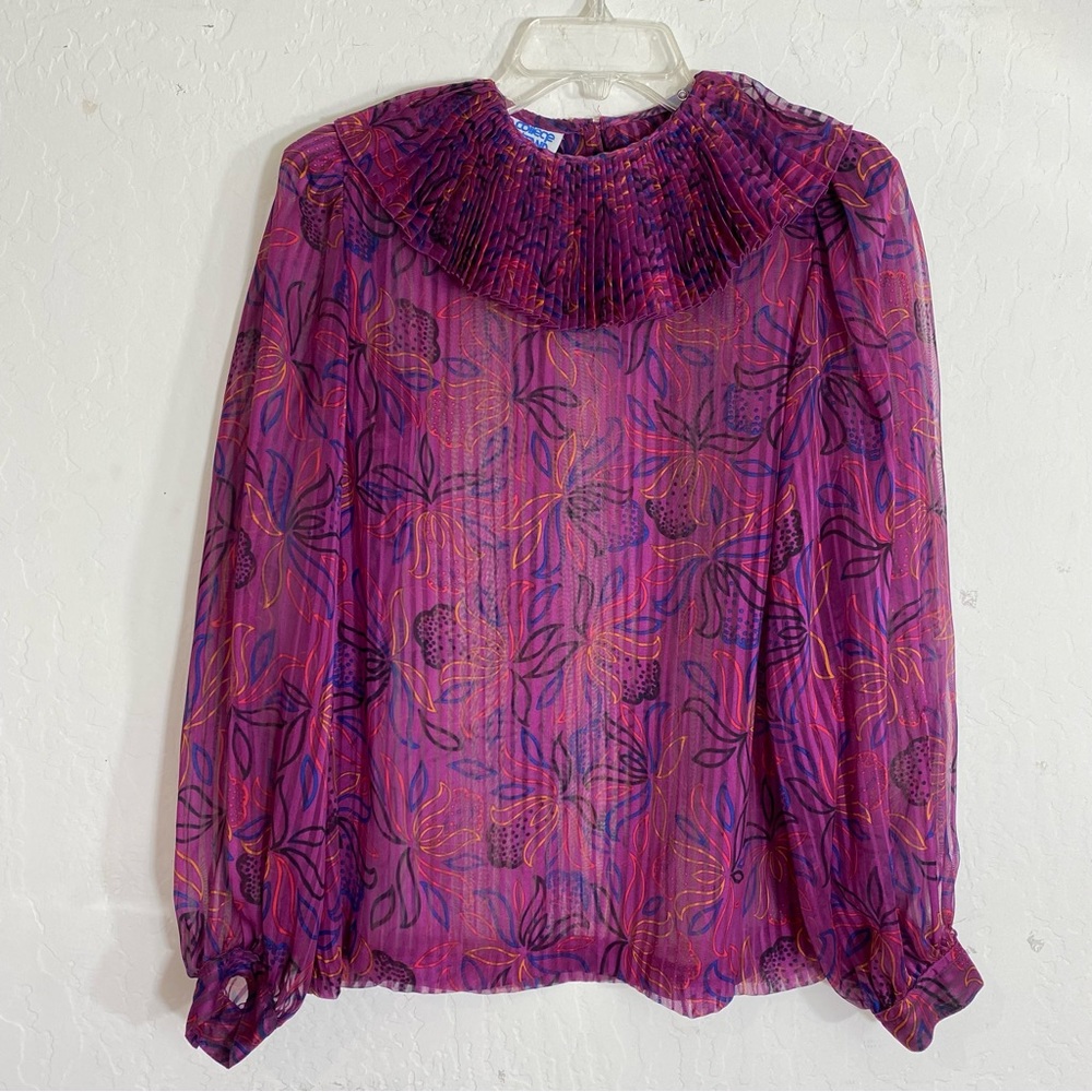 Vintage College Town Floral Blouse Clown Collar